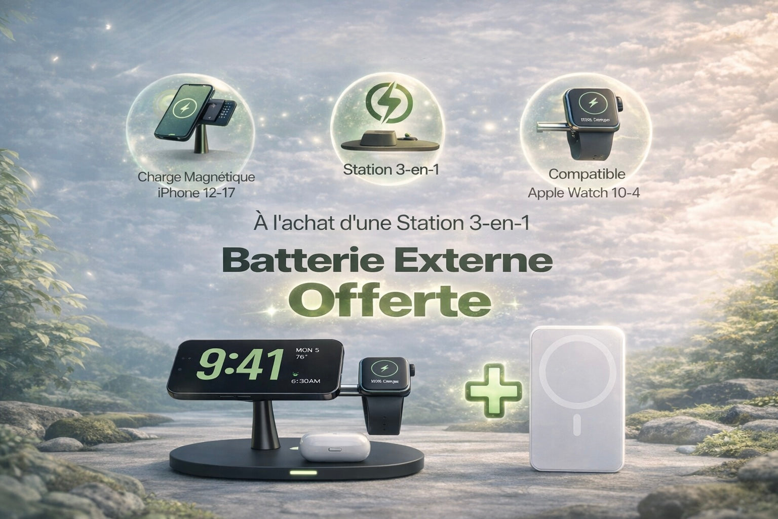 Station de charge magnétique 3-en-1 MagChargePro pour iPhone, Apple Watch et AirPods avec batterie externe offerte, compatible iPhone 12 à 17 et Apple Watch séries 4 à 10.