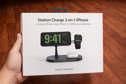 Station de charge magnétique 3-en-1 MagChargePro rechargeant simultanément un iPhone, des AirPods et une Apple Watch sur un support design premium.